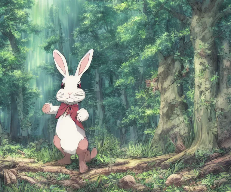 Image similar to rabbit in a forest, anime fantasy illustration by tomoyuki yamasaki, kyoto studio, madhouse, ufotable, comixwave films, trending on artstation