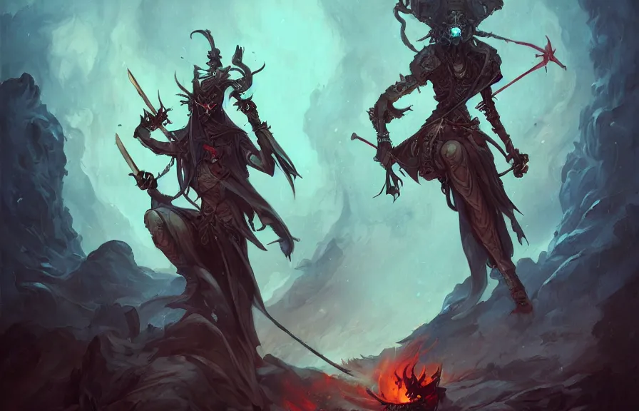 Image similar to the fire thief with sword, dark, skull, peter mohrbacher, kelly mckernan, hypermaximalist, cinematic, symmetrical, concept art, unreal engine, environment, sharp