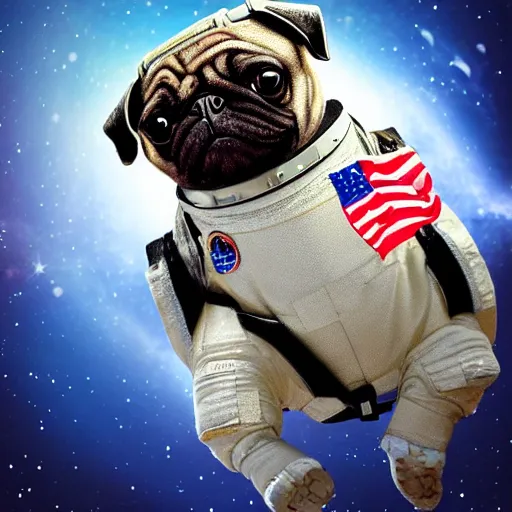 Image similar to hyper realistic, highly detailed, astronaut pug in space.