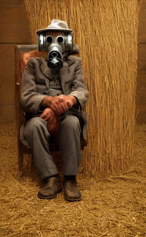 Image similar to old, man, farmer, work, vintage suit, sittin, wood, straw, kettle, book, gasmask, non fiction, stability, intricate, elegant, 8 k, uhd, justify, artstation, concept art, matte, sharp focus, illustration, consistent, one object content, proportional object content