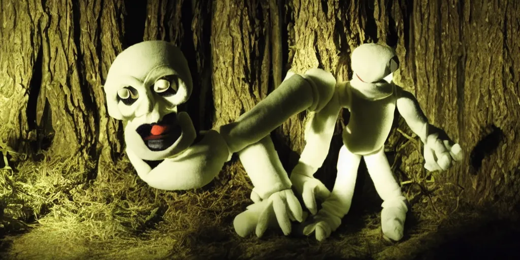 Prompt: amateur home video of creepy puppets in a dimly lit dark forest at night with, photorealistic amateur photography