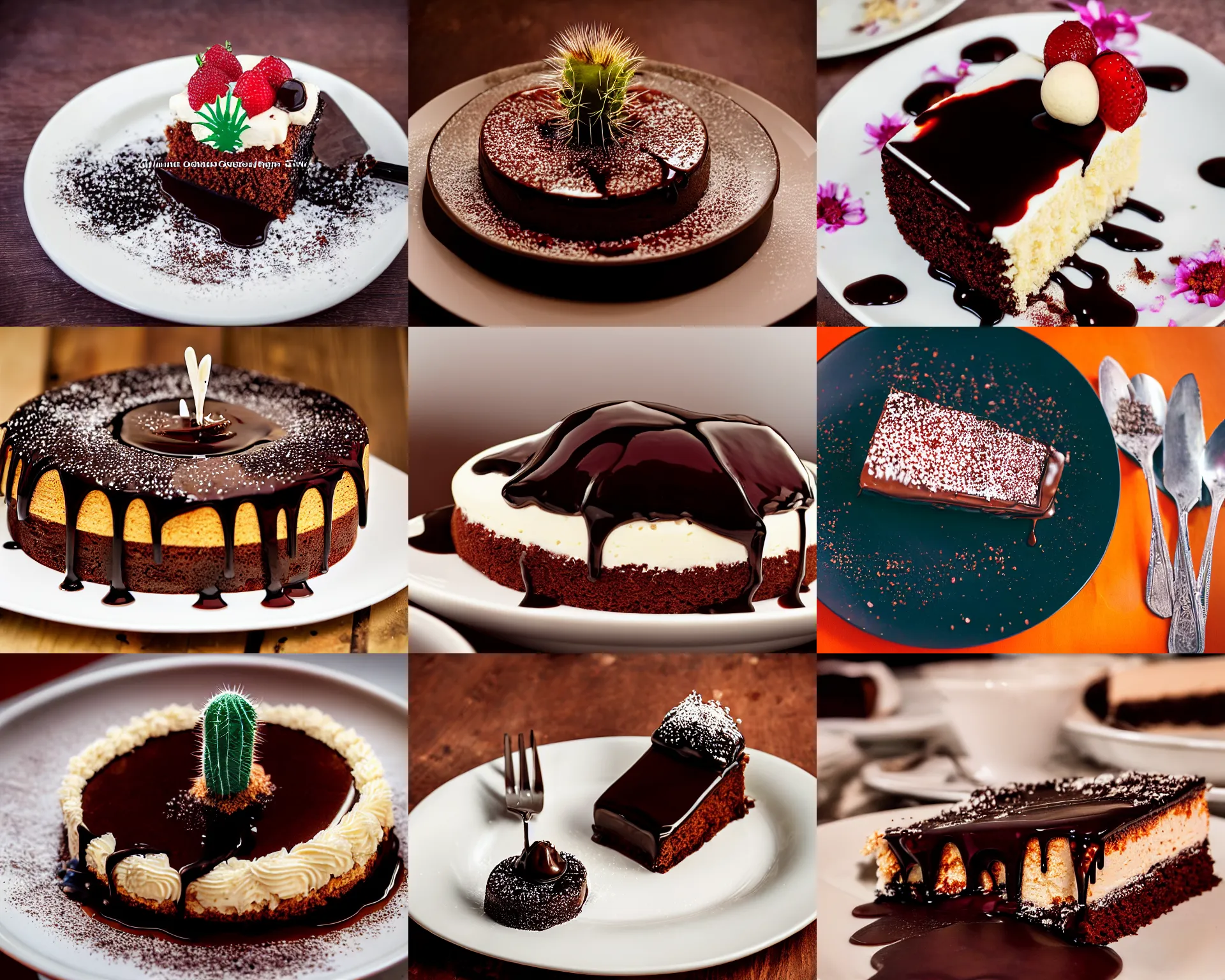 Prompt: a fine dining dessert plate of cake, spiky cactus and chocolate sauce, sugar sprinkled, food photography, michelin star, fine dining, bokeh