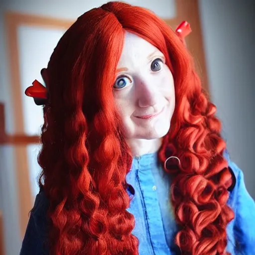 Image similar to woman with long curly red hair in villager cosplay from super smash brothers. beautiful. relaxed. realistic photo. cosplay photoshoot. high detail. convention photo.