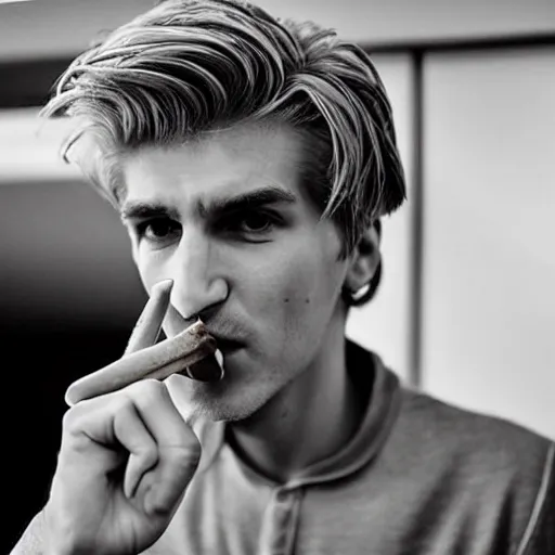 Prompt: a closeup photo of handsome gigachad xqc smoking a cigar