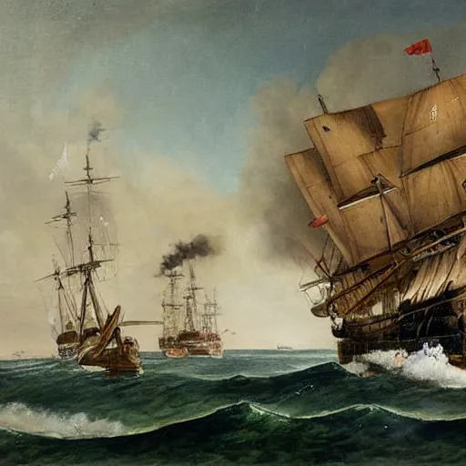 Image similar to 19th century oil painting of a german empire u-boot fighting the flying dutchman