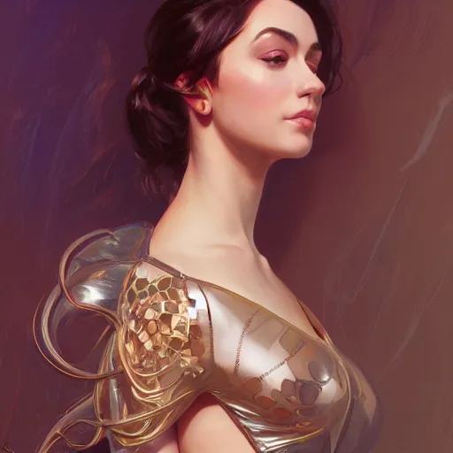 Image similar to portrait of charli d'amelio wearing a latex suit, intricate, elegant, highly detailed, digital painting, artstation, concept art, smooth, sharp focus, illustration, art by artgerm and greg rutkowski and alphonse mucha, 8 k