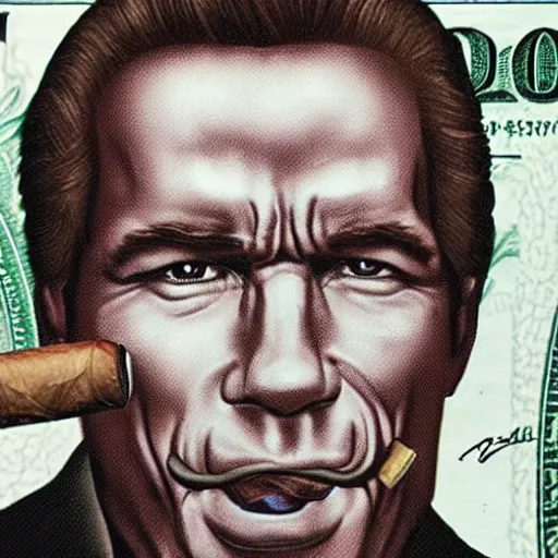 Prompt: $100 bill featuring a portrait of Arnold Schwarzenegger with a cigar in his mouth,