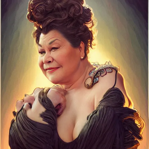 Image similar to ultra realistic illustration, roseanne barr as ursula, intricate, elegant, highly detailed, digital painting, artstation, concept art, smooth, sharp focus, illustration, art by artgerm and greg rutkowski and alphonse mucha