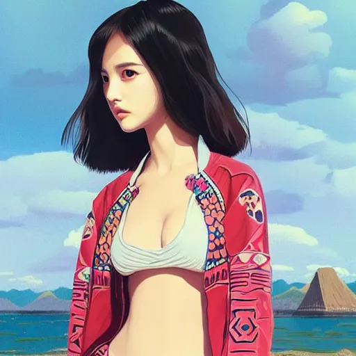 Image similar to a beautiful young japanese natalie portman alluring gravure model, stylized concept art, wearing elegant designer bomber jacket and one piece bikini, bomber jacket with mesoamerican patterns, mesoamerican native street fashion, princess mononoke, painted by ilya kuvshinov aesthetic, gorgeous, stunning, alluring, attractive, artstation, pinterest, digital art