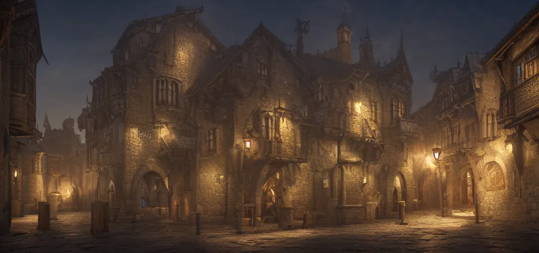 Prompt: dramatic render of exterior of medieval city at night, accurate ray tracing, ambient occlusion, unreal engine, detailed, vibrant, visually striking, trending on artstation, by greg rutowski and jordan grimmer