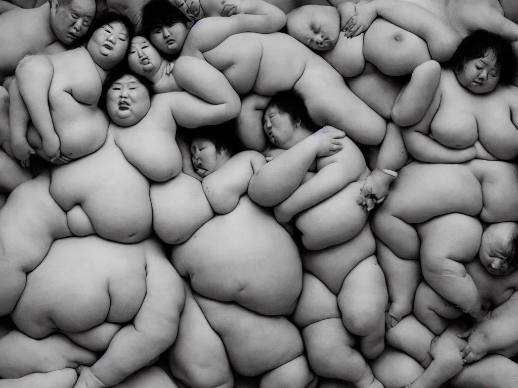 Image similar to a group of fat human bodies intertwined, dense fog, in the style of nobuyoshi araki and klimt,