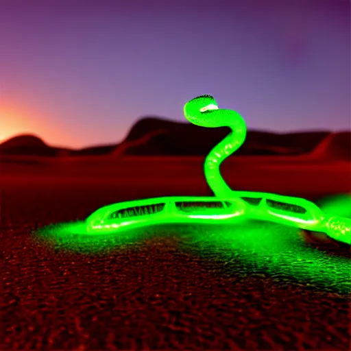 Image similar to a robot snake with glowing green light in the desert, octane render, 3D, accurate