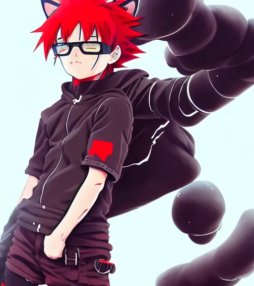 Prompt: anime little boy, cat ears, red and black hero suit, glasses, digital painting by james jean, wlop and toriyami togashi, inspired in hirohiko araki and made in abyss, anatomically correct, hero pose, extremely coherent, smooth