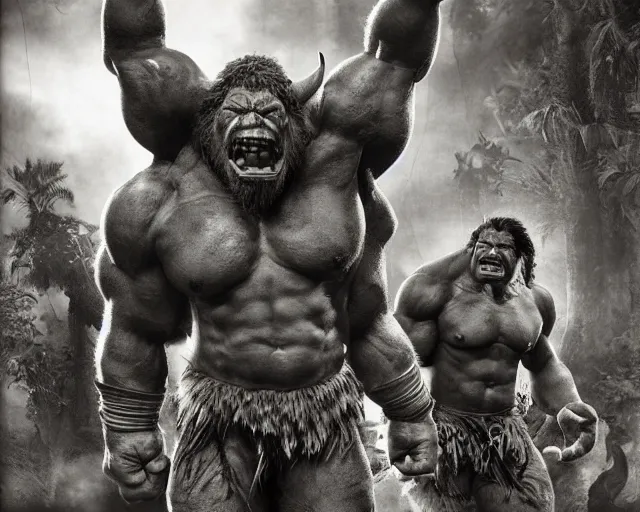 Image similar to hyper realistic group vintage photograph of a live action warcraft orc warrior tribe in the jungle, tall, hulk like physique, detailed faces, tribal paint, tribal armor, grain, old, monochrome, sepia toned, realistic lighting, wide angle