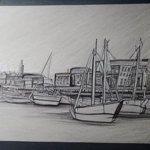 Image similar to a detailed charcoal sketch of the Halifax waterfront