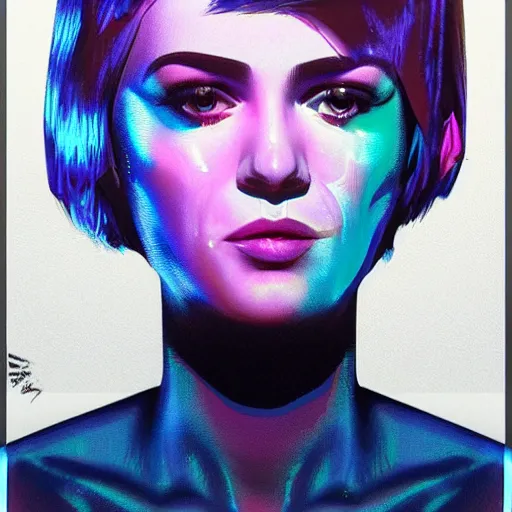 Image similar to hologram punk woman is interested, with cute - fine - face, pretty face, oil slick hair, realistic shaded perfect face, extremely fine details, by realistic shaded lighting, dynamic background, poster by ilya kuvshinov katsuhiro otomo, magali villeneuve, artgerm, jeremy lipkin and michael garmash and rob rey, and silvain sarrailh