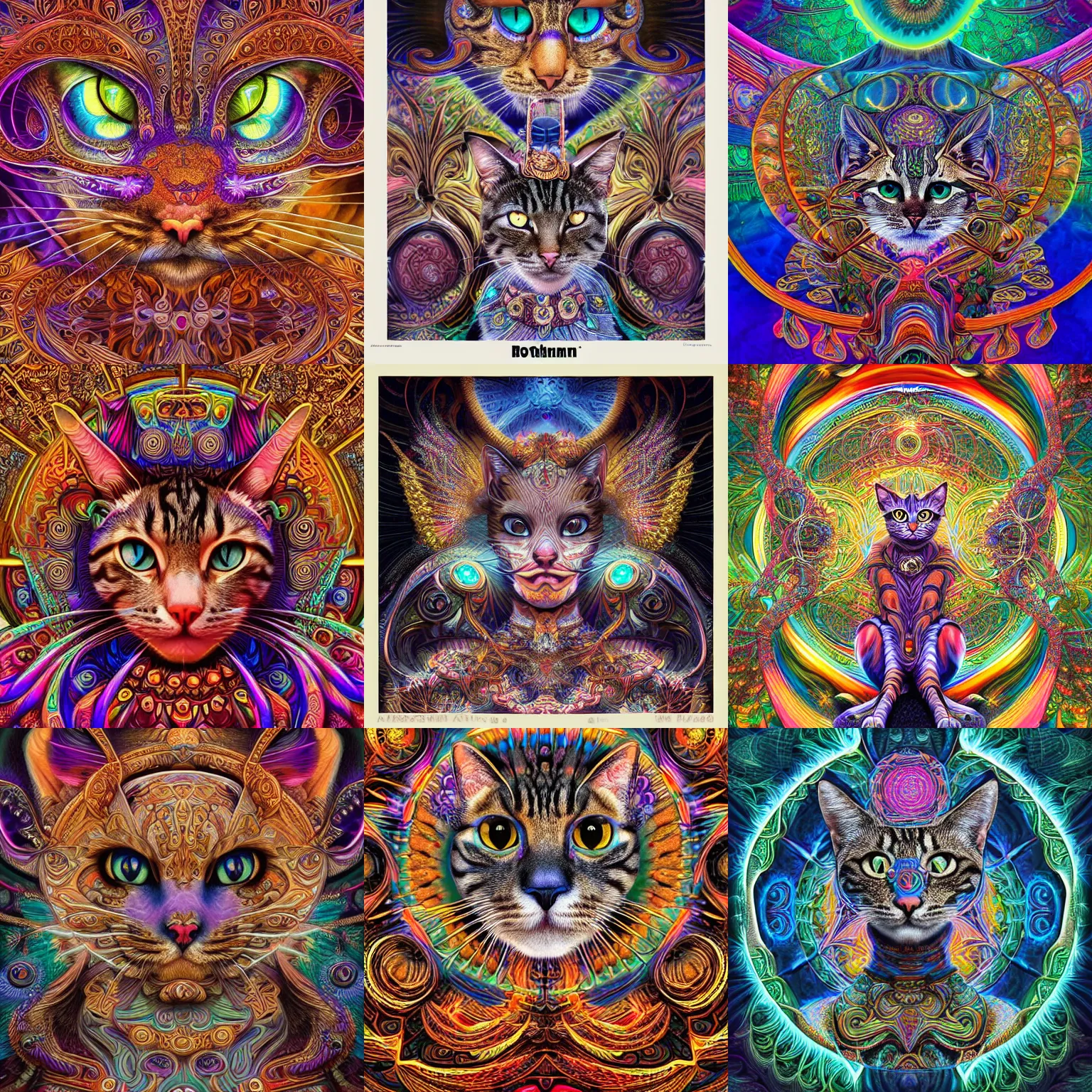 Prompt: a intricate ornate psychedelic image of a cat shaman, digital art by artgerm, alex grey, dan mumford, felix kelly, psychedelic art, psychedelic, fractalism, fractals, sacred geometry, trending on artstation, art, hyperrealistic, highly detailed, cgsociety, octane render, daz, 3 d