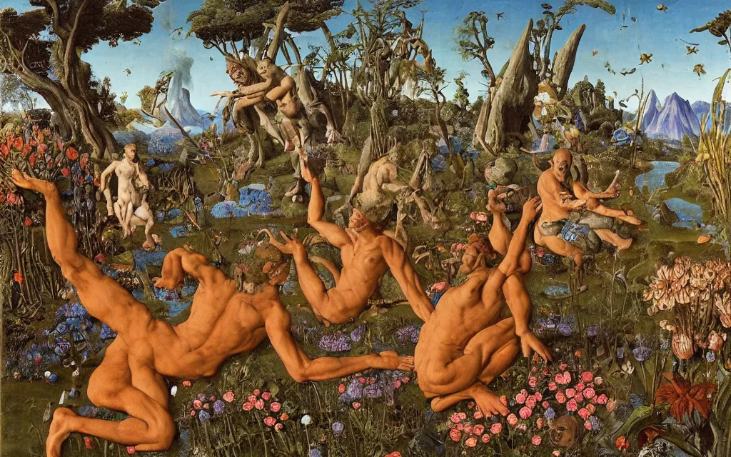 Image similar to a portrait photograph of a meditating satyr and a centaur monk riding a rocket machine and hunting at a river delta. surrounded by bulbous flowers and trees. mountain range under a blue sky of fiery stars. by jan van eyck, max ernst, ernst haeckel, ernst fuchs and artgerm, cgsociety, fashion editorial, 8 k