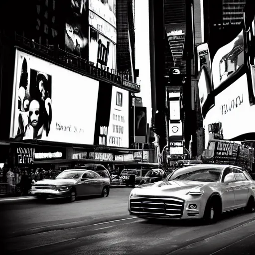 Prompt: A very futuristic car in NYC Times Square, old, vintage photography, DSLR, black and white