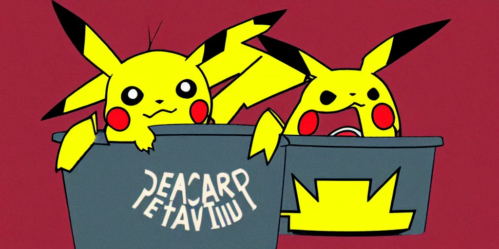 Image similar to pikachu devouring a dog sharp teeth burtal eyes scary mouth dark room red candles trash bin