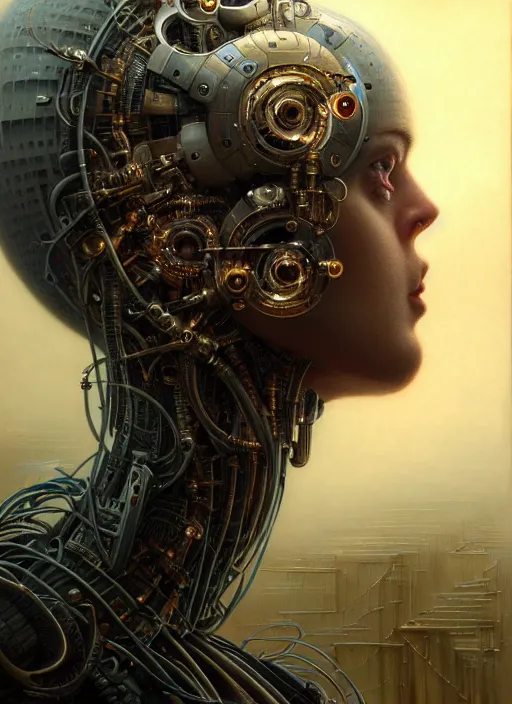 Prompt: portrait shot of machine that creates humans in a scenic dystopian environment, intricate, tubes and cables, elegant, highly detailed, centered, digital painting, artstation, concept art, smooth, sharp focus, illustration, artgerm, tomasz alen kopera, peter mohrbacher, donato giancola, joseph christian leyendecker, wlop, boris vallejo