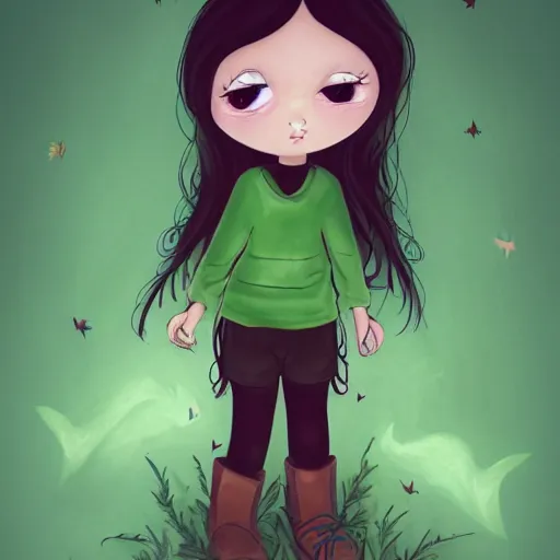 Prompt: female child, long curvy black hair, cute, green and brown clothing, red eye, cartoon, dark forest, night, painting, firefly