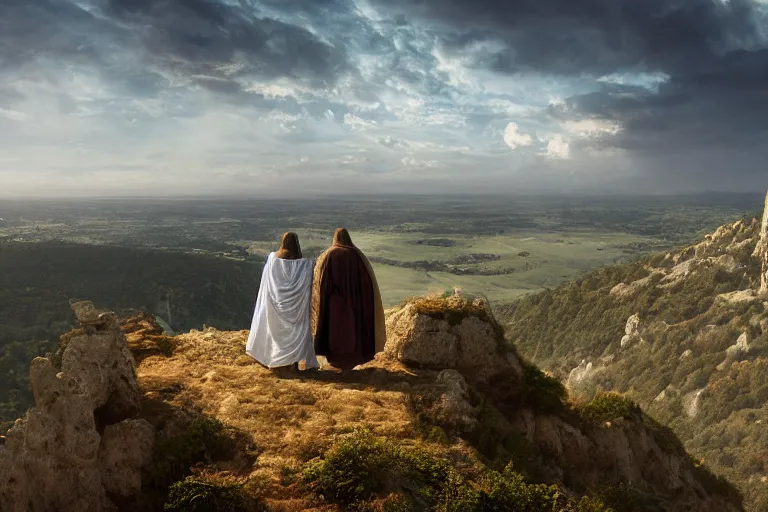 Image similar to a unique digital photo of a jesus and mary magdalene as man and wife standing on a cliff looking over a beautiful landscape in france, rennes - le - chateau, award winning photo, very detailed, very realistic cinematic