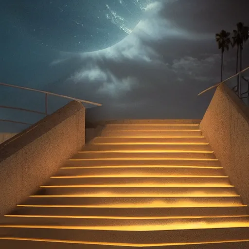 Prompt: stairs leading into the ocean at night, lit up by a single lamp post, dynamic lighting, photorealistic concept art, trending on art station, stunning visuals, creative, cinematic, ultra detailed