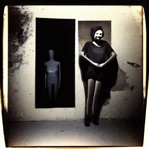 Prompt: an uncanny photograph of a mannequin with a wide smile in a dimly lit abandoned warehouse, creepy, liminal, flash photography, polaroid i-Type film