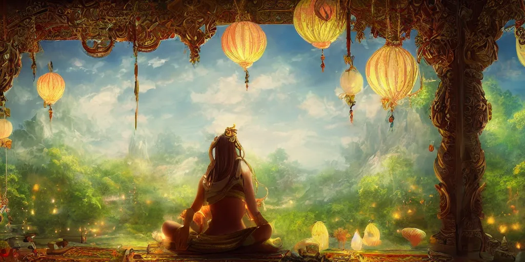 Prompt: painting of a wind god enjoying the view from his ornate heavenly palace, decorated with windchimes and paper lanterns, stunning green nature in background, digital art trending on artstation