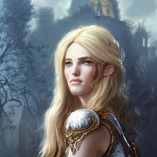 Image similar to a french lady with blonde hair and a beautiful face in a fantasy versailles, symmetric face, hyperrealism, epic fantasy digital art, fantasy style art, by Greg Rutkowski, fantasy magic the gathering card art style