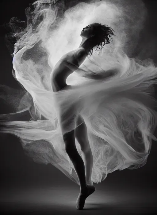 Image similar to a Photorealistic dramatic hyperrealistic render of a beautiful Female smoke dancer by Ken Brower and Deborah Ory of NYC Dance project,Lois Greenfield,Flowing cloth and smoke,Beautiful dynamic dramatic dark moody lighting,volumetric,shadows,cinematic atmosphere,Octane render,8K