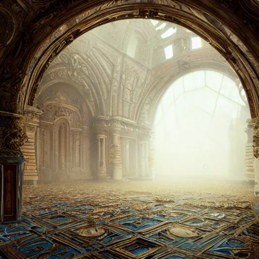 Image similar to Inside of an intricate labyrinth, intricate, baroque, wonderland, mist, cinematic shot, photorealistic, photography, octane, high definition, detailed, 8k, artstation