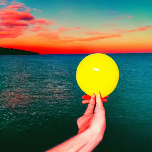 Image similar to album art of a human hand with five fingers holding a yellow balloon sticking out of the ocean with a red sky in the background by chris bilheimer