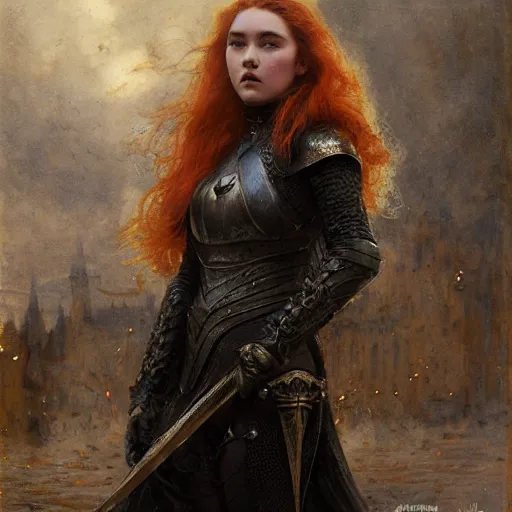 Prompt: young redheaded florence pugh, wearing dark black ornamented medieval armour, detailed, by gaston bussiere, bayard wu, greg rutkowski, giger, maxim verehin, greg rutkowski, masterpiece, sharp focus,