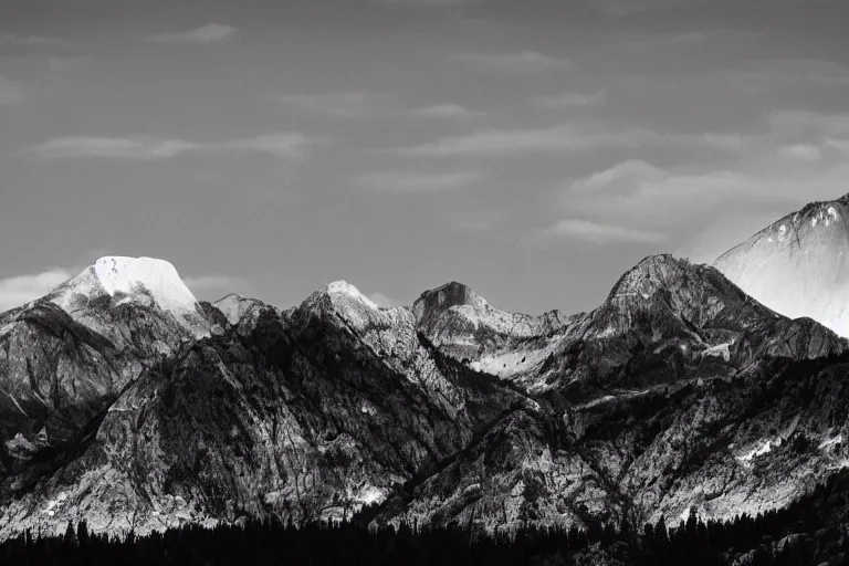 Prompt: small alien spaceship in the background, mountains, in the style of ansel adams, black and white, old, master photography by ansel adams