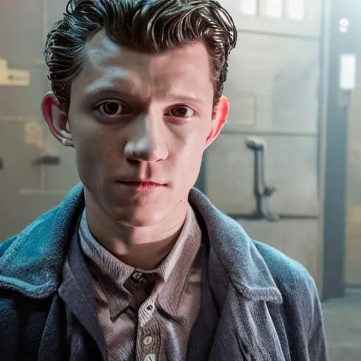 Image similar to tom holland as a rough dirty old man with a scruffy beard in a dark blue trenchcoat as the new doctor who, cinematic, volumetric lighting, f 8 aperture, cinematic eastman 5 3 8 4 film, photorealistic