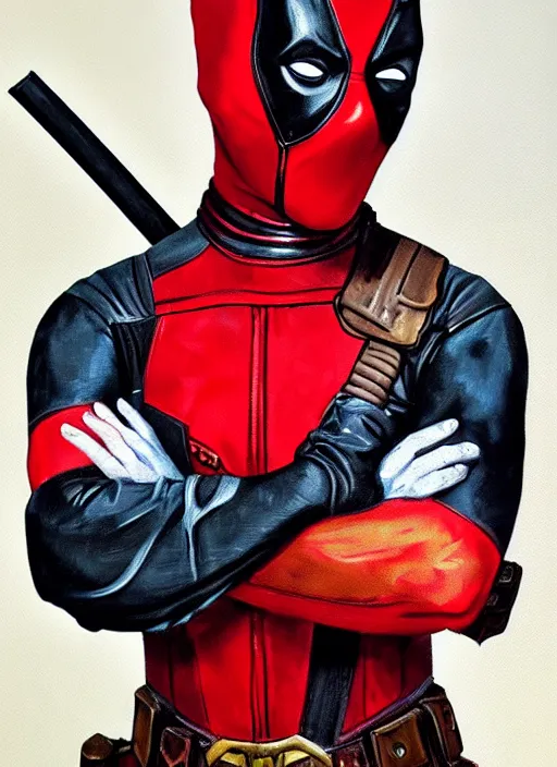 Image similar to oil painting of victorian deadpool created by james jean, vincent van gogh, michaelangelo, fantasy, portrait, highly detailed, large brush strokes