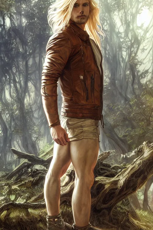 Image similar to portrait of a blonde herculian man in a leather - jacket, flowing hair, forest, full body, muscular, fantasy, intricate, elegant, highly detailed, digital painting, artstation, concept art, sharp focus, illustration, art by artgerm and greg rutkowski and alphonse mucha