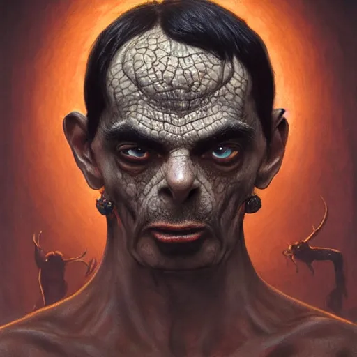 Image similar to Satanic Evil Mr. Bean with a seductive look, fullbody, psychedelic, intricate, horror, highly detailed, artstation, concept art, smooth, sharp focus, illustration, art by greg rutkowski and orientalism and bouguereau and Zdzislaw Beksinski, D&D, good clear quality, lighting, horror, evil, biology, symmetrical artwork, perfect face, 135 mm, cinematic, hyper realism, high detail, octane render, 8k, chrome accents