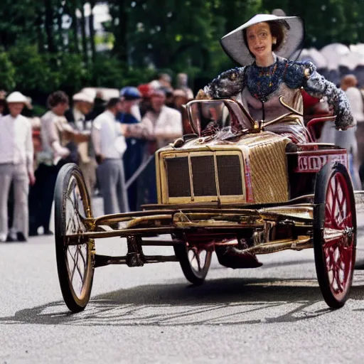 Image similar to lady catherine de bourgh drives her barouche box on the formula 1 circuit of le mans. cinematic, technicolor, highly intricate