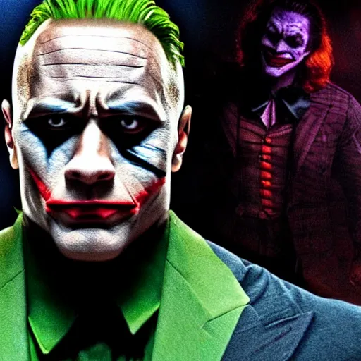 Prompt: Dwayne Johnson as the joker from Batman The dark Knight, cinematic, headshot