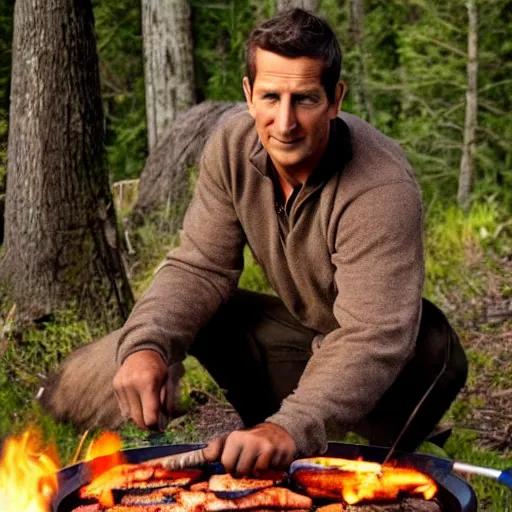 Image similar to film still of bear grylls in a bear costume cooking a grill