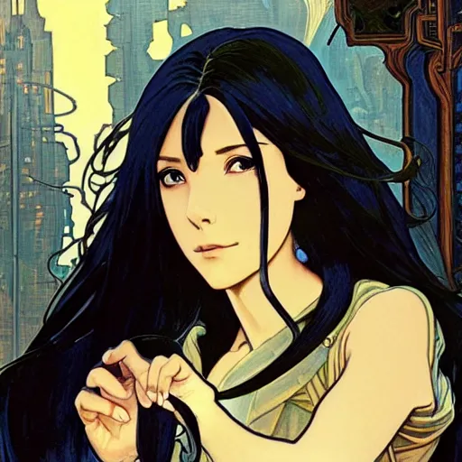 Prompt: portrait of a woman, long black hair, holding sword, in front of a sci fi cityscape, by makoto shinkai, alphonse mucha, masamune shirow, detailed, cinematic, wide angle, dark sepia toned shading, luminescent eyes, detailed face, expressive eyes, blue fire everywhere, trending on artstation.