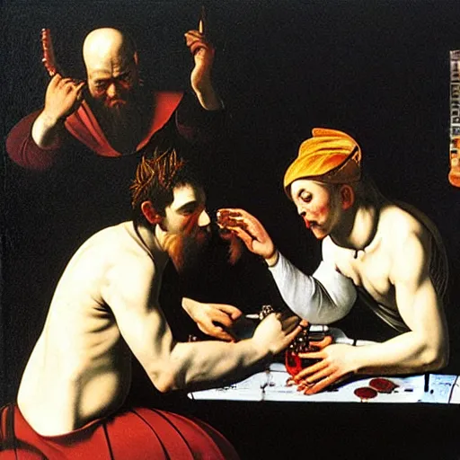 Prompt: God and Satan playing poker by Caravaggio