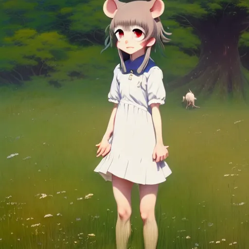 Image similar to a film still portrait of an anthropomorphic rat girl standing in a meadow under a tree, finely detailed features, closeup on the faces, perfect art, gapmoe yandere grimdark, trending on pixiv fanbox, painted by greg rutkowski makoto shinkai takashi takeuchi studio ghibli, akihiko yoshida