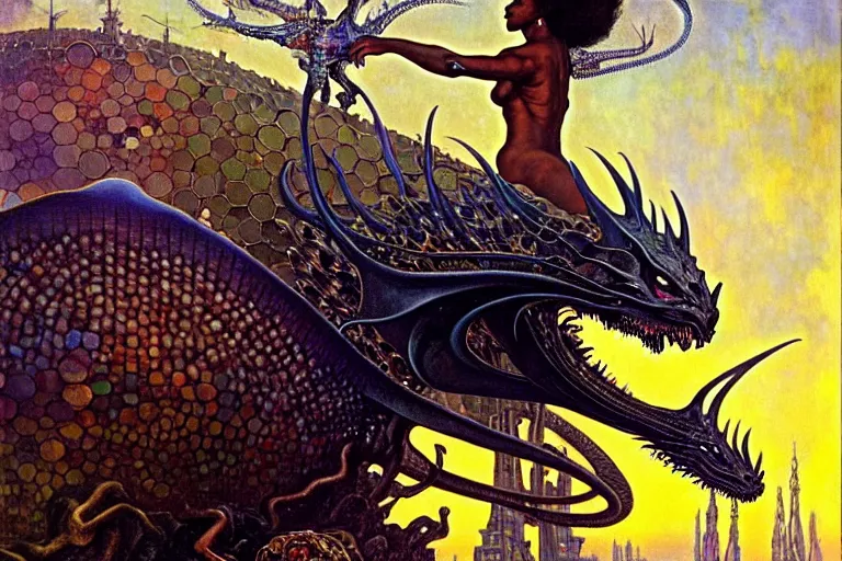 Image similar to realistic extremely detailed closeup portrait painting of a beautiful black woman riding mutant dragon, dystopian city on background by Jean Delville, Amano, Yves Tanguy, Ilya Repin, Alphonse Mucha, Ernst Haeckel, Edward Hopper, Edward Robert Hughes, Roger Dean, heavy metal 1981, rich moody colours