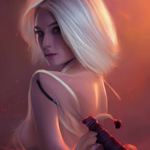 Prompt: a digital painting of a woman with blonde hair, a character portrait by feng zhu, cgsociety, fantasy art, ethereal glow, light white rainbow nails and a glowing chromatic sword behind her, artstation hq, artstation hd, fantasy