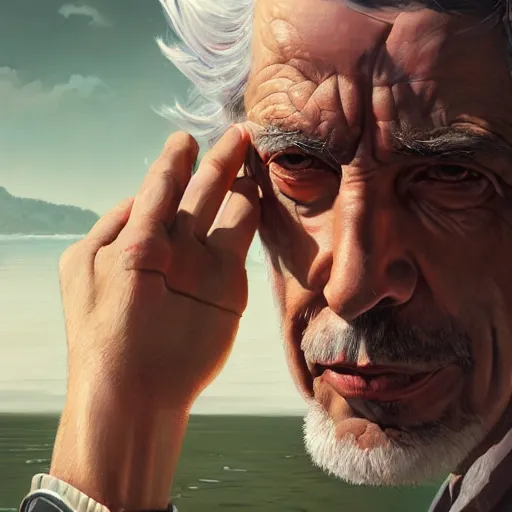 Image similar to rick sanchez closeup portrait, dramatic light, lake background, 2 0 0 mm focal length, painted by stanley lau, painted by greg rutkowski, painted by stanley artgerm, digital art, trending on artstation