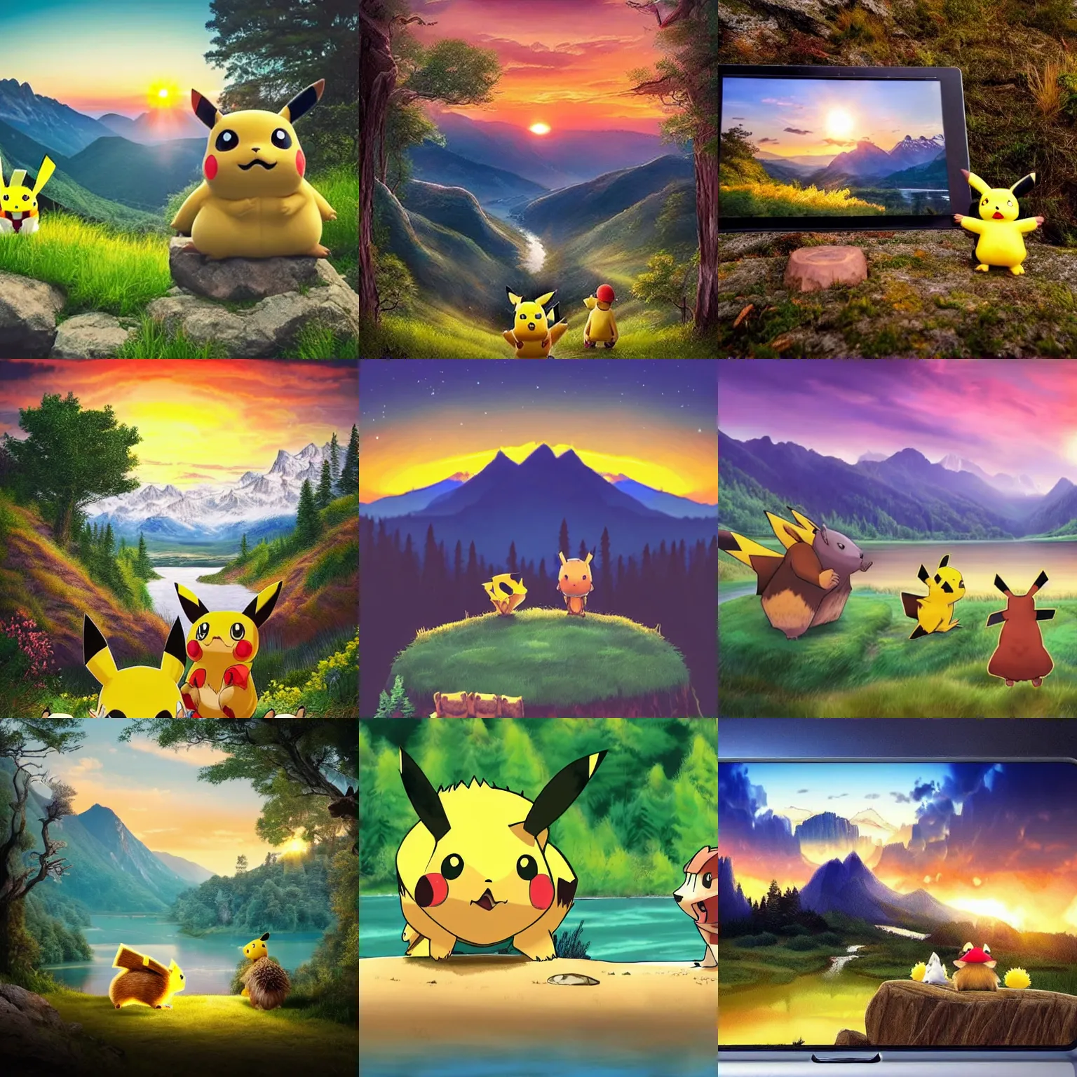 Prompt: A majestic landscape featuring a river, mountains and a forest. There is an pikachu with a hedgehog standing next to him. They are both staring at the sunset, Cinematic, very beautiful, award winning photo